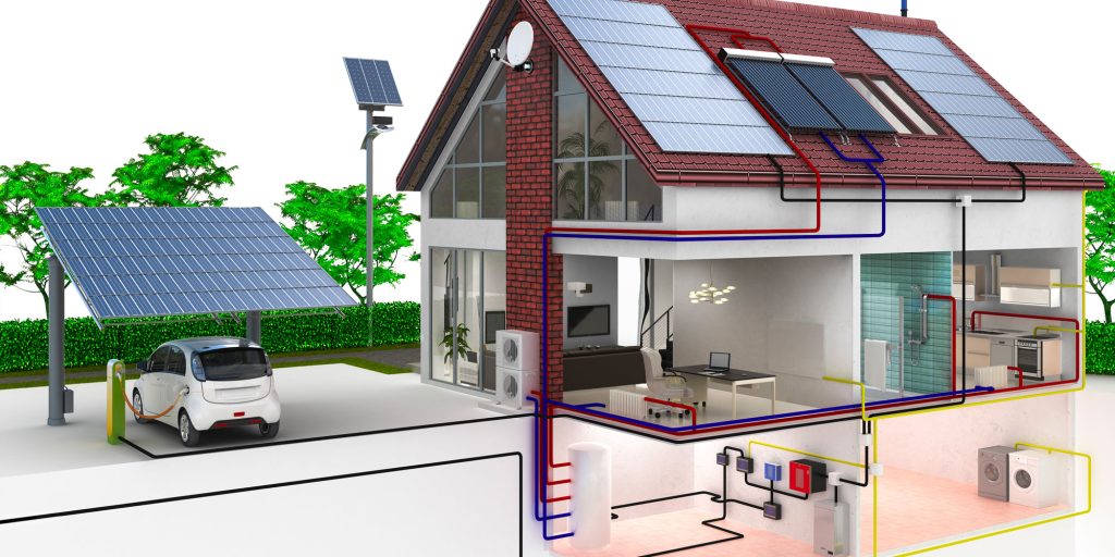 Services Maison avec panneaux solaires et voiture
